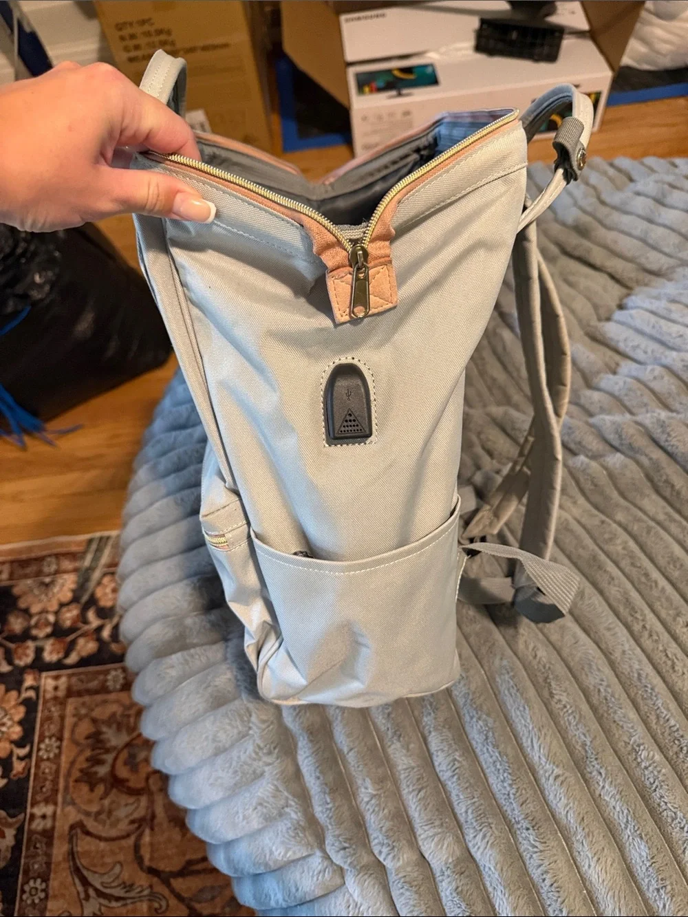 Light Beige Canvas Backpack with Tan Leather Accents